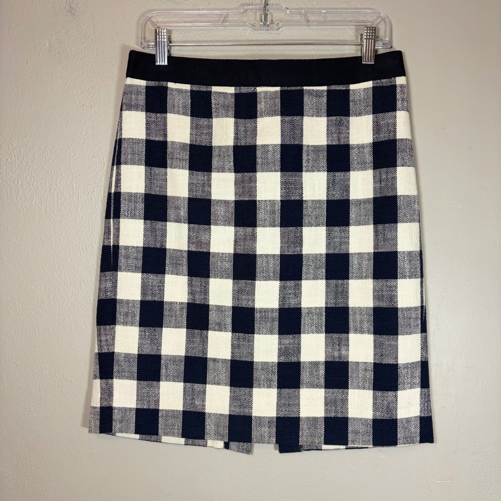 J.Crew Gingham Cotton Linen navy white Pencil Skirt G4833 Womens 4 office career